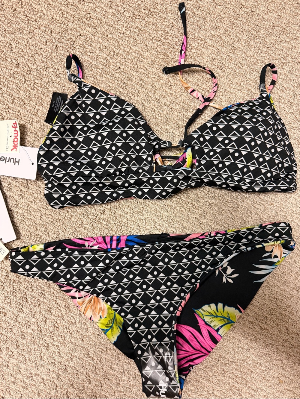 Hurley Black Geometric & Tropical Print Bikini